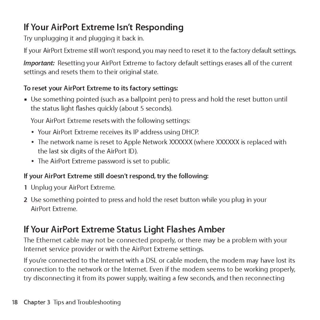 Apple ME918LL/A setup guide If Your AirPort Extreme Isn’t Responding, If Your AirPort Extreme Status Light Flashes Amber 