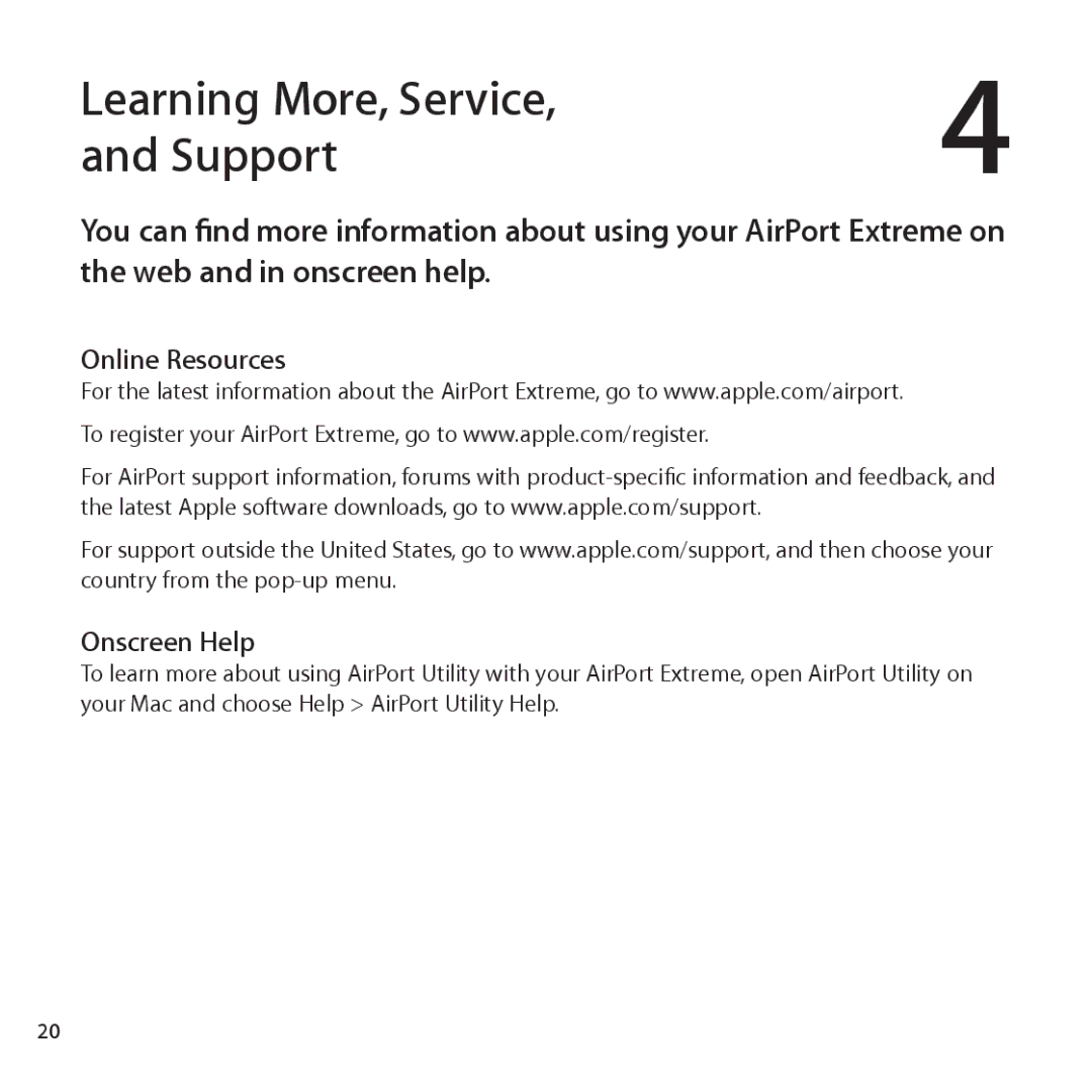 Apple ME918LL/A setup guide Learning More, Service Support, Online Resources Onscreen Help 