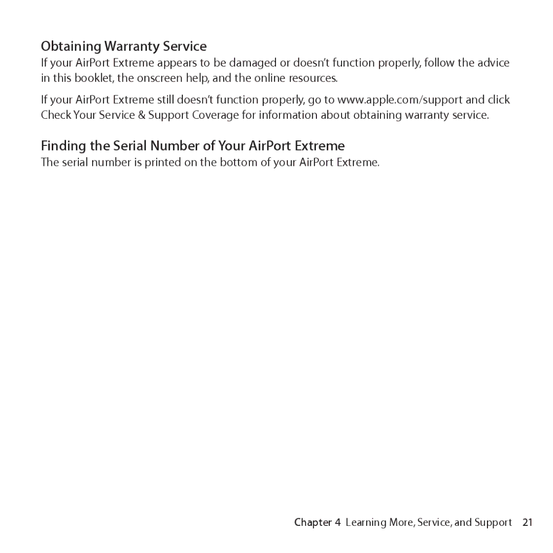 Apple ME918LL/A setup guide Obtaining Warranty Service, Finding the Serial Number of Your AirPort Extreme 