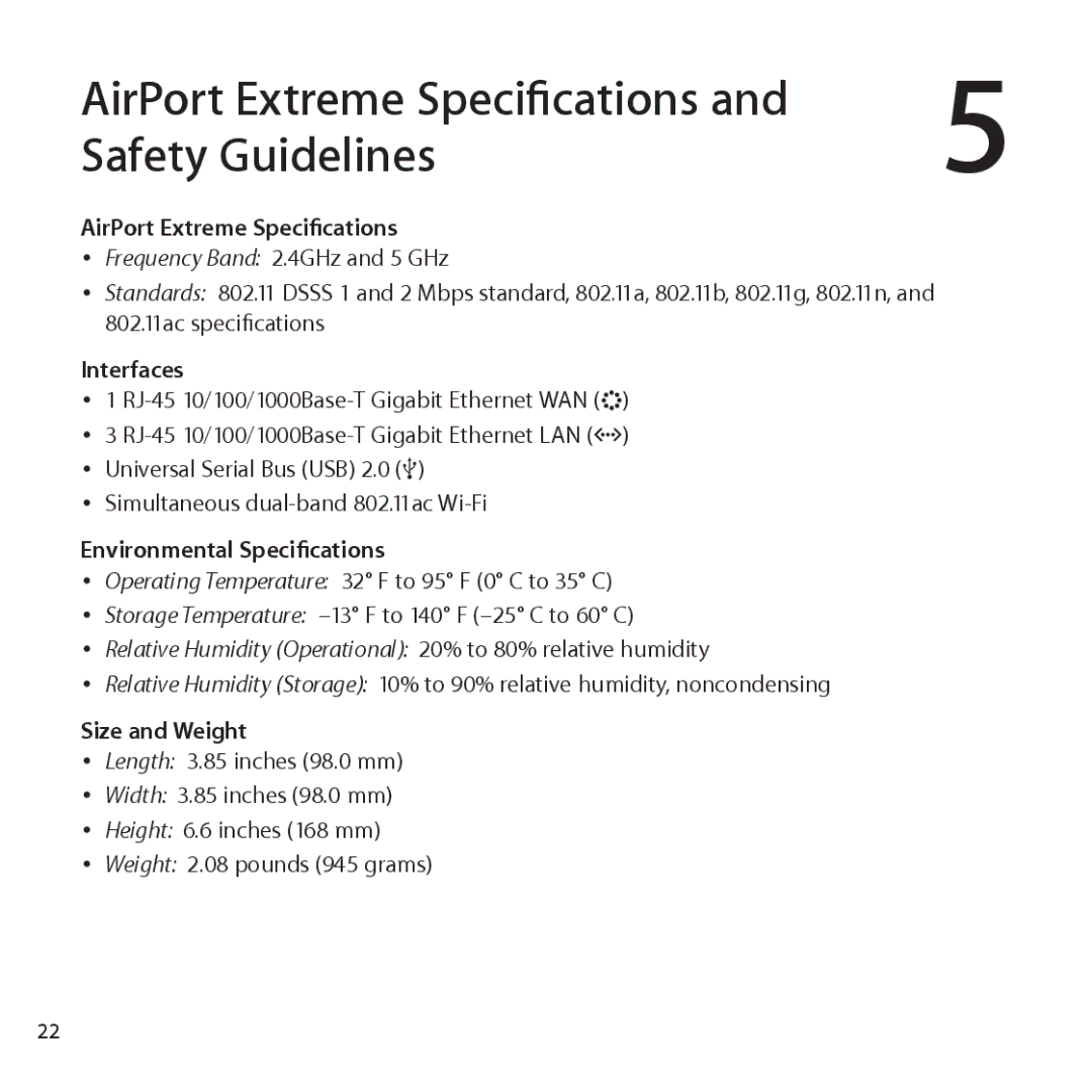 Apple ME918LL/A setup guide Safety Guidelines, AirPort Extreme Specifications, Interfaces, Environmental Specifications 