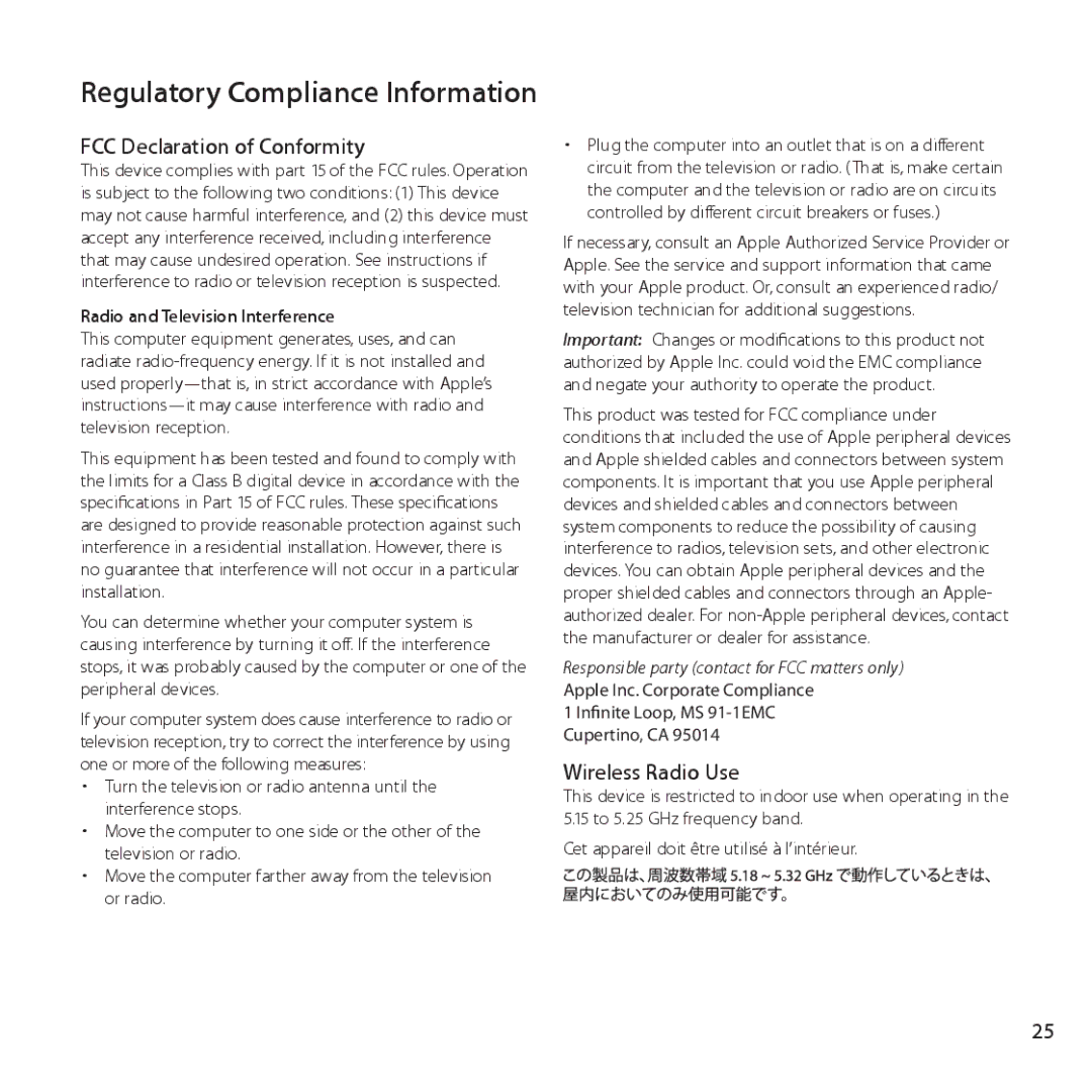 Apple ME918LL/A setup guide Regulatory Compliance Information, FCC Declaration of Conformity, Wireless Radio Use 