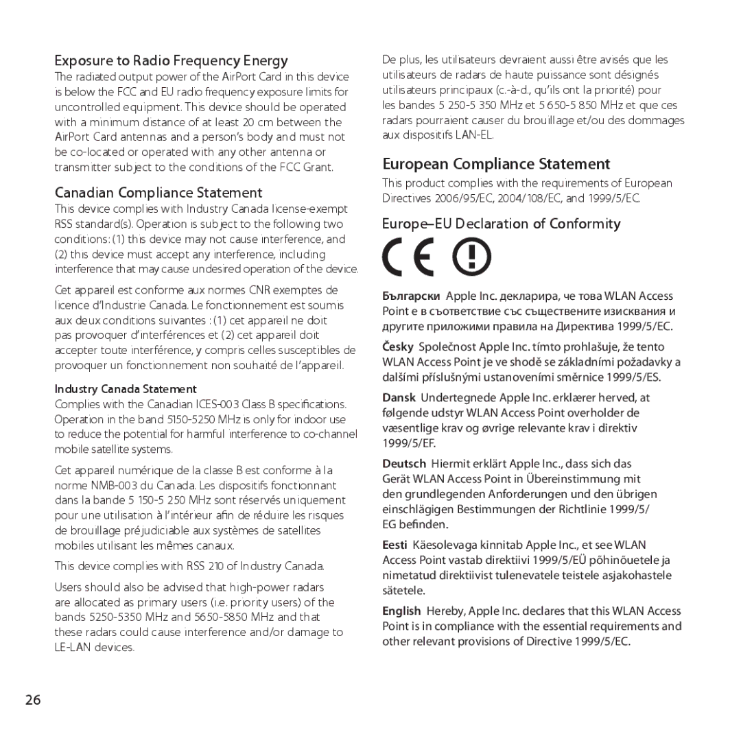 Apple ME918LL/A European Compliance Statement, Exposure to Radio Frequency Energy, Canadian Compliance Statement 