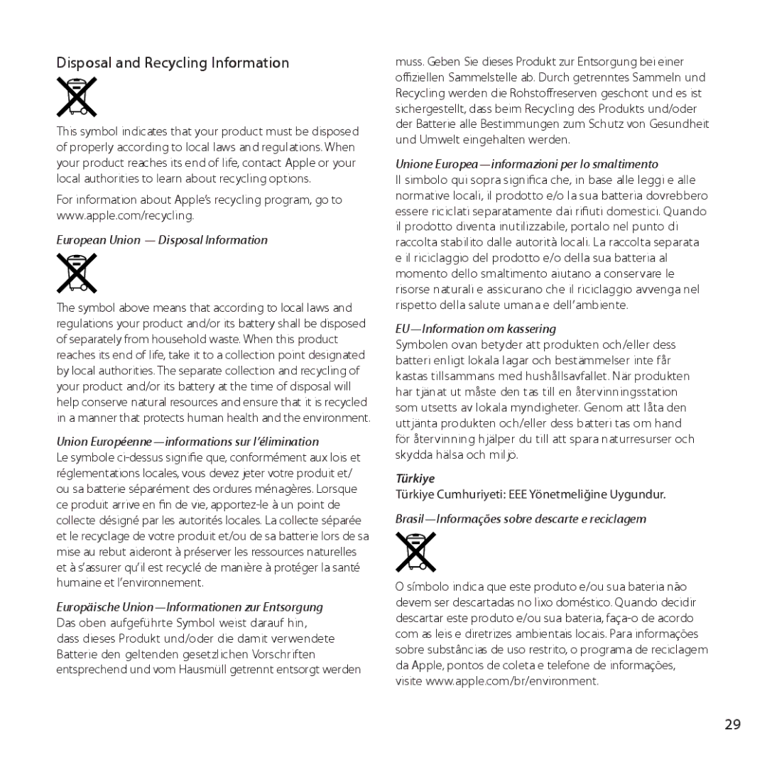 Apple ME918LL/A setup guide Disposal and Recycling Information, European Union Disposal Information 