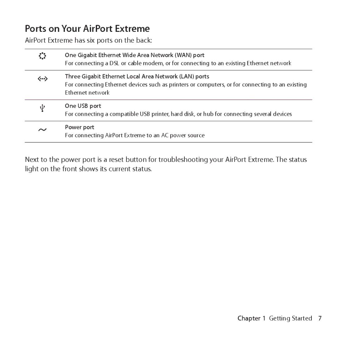 Apple ME918LL/A Ports on Your AirPort Extreme, One Gigabit Ethernet Wide Area Network WAN port, One USB port, ≤ Power port 