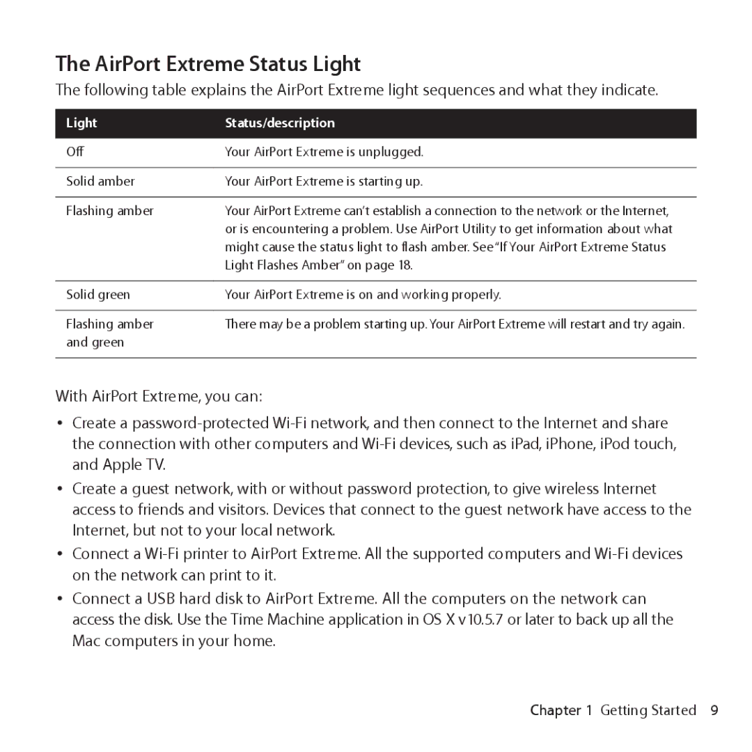 Apple ME918LL/A setup guide AirPort Extreme Status Light, Light Status/description 