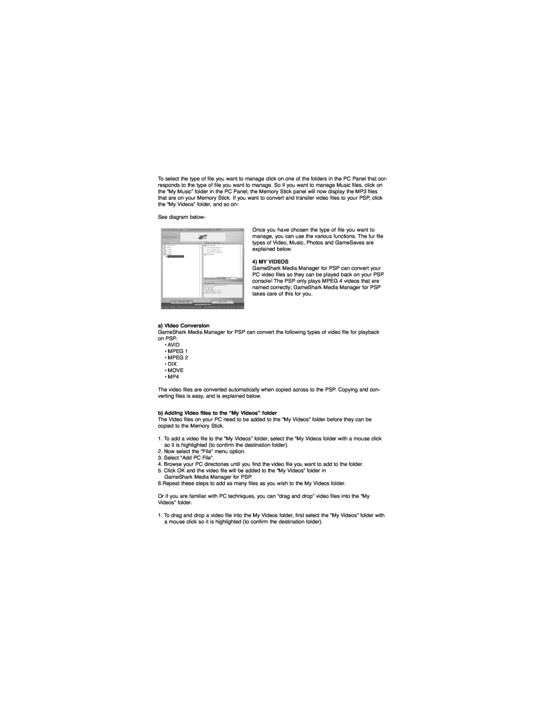 Apple Media Manager for PSP instruction manual a Video Conversion, b Adding Video files to the “My Videos” folder 