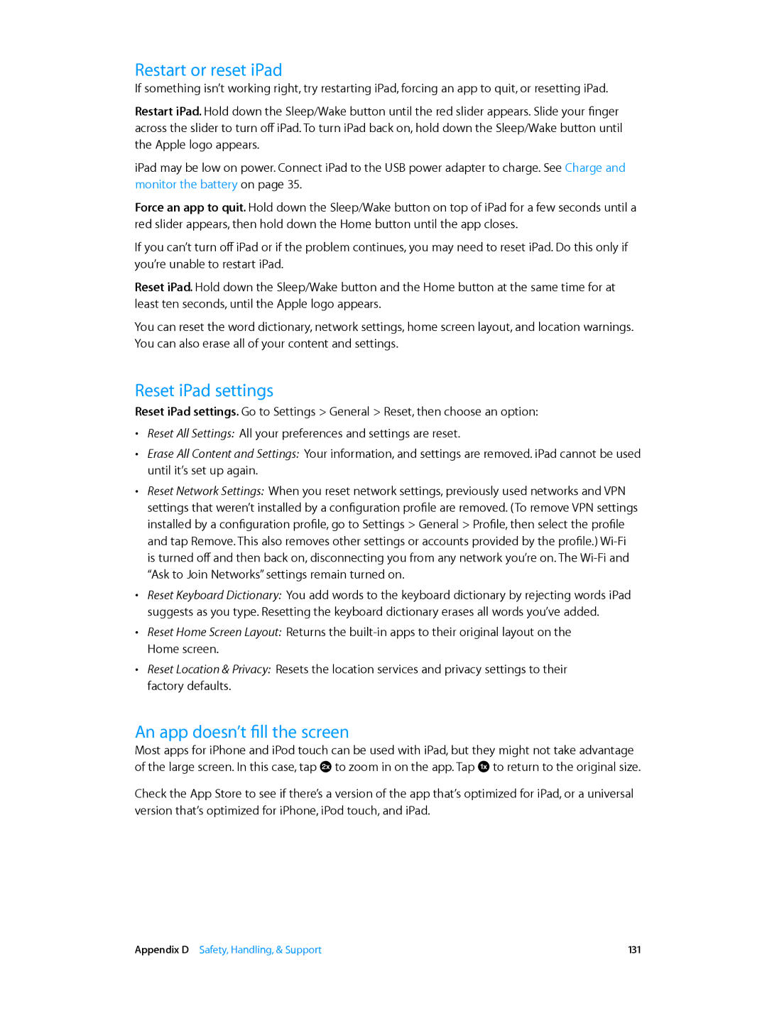 Apple MF123LL/A, MF544LL/A, MF519LL/A, MF116LL/A Restart or reset iPad, Reset iPad settings, An app doesn’t fill the screen 