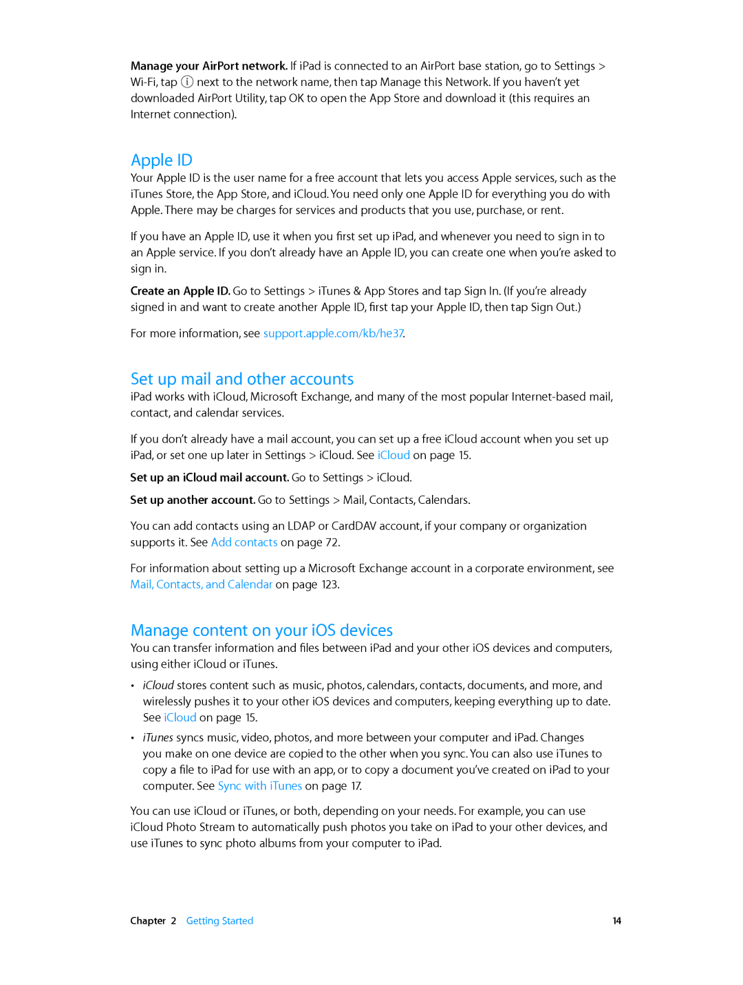 Apple MF074LL/A, MF544LL/A, MF519LL/A manual Apple ID, Set up mail and other accounts, Manage content on your iOS devices 