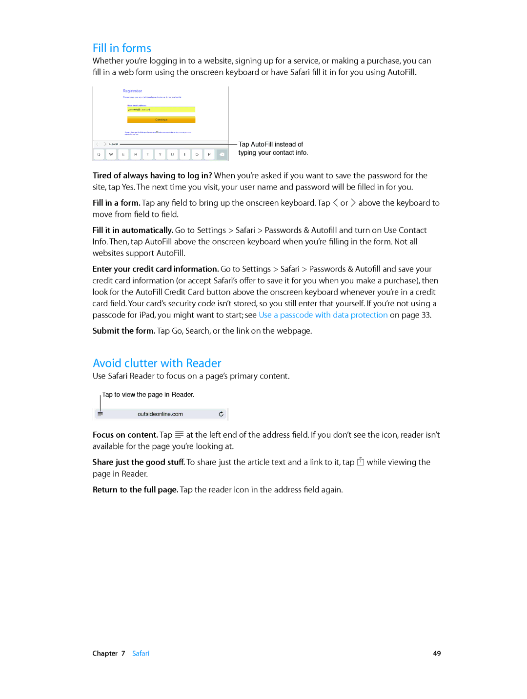 Apple MF519LL/A, MF544LL/A, MF116LL/A, MF123LL/A, ME860LL/A, MF066LL/A, MF074LL/A manual Fill in forms, Avoid clutter with Reader 