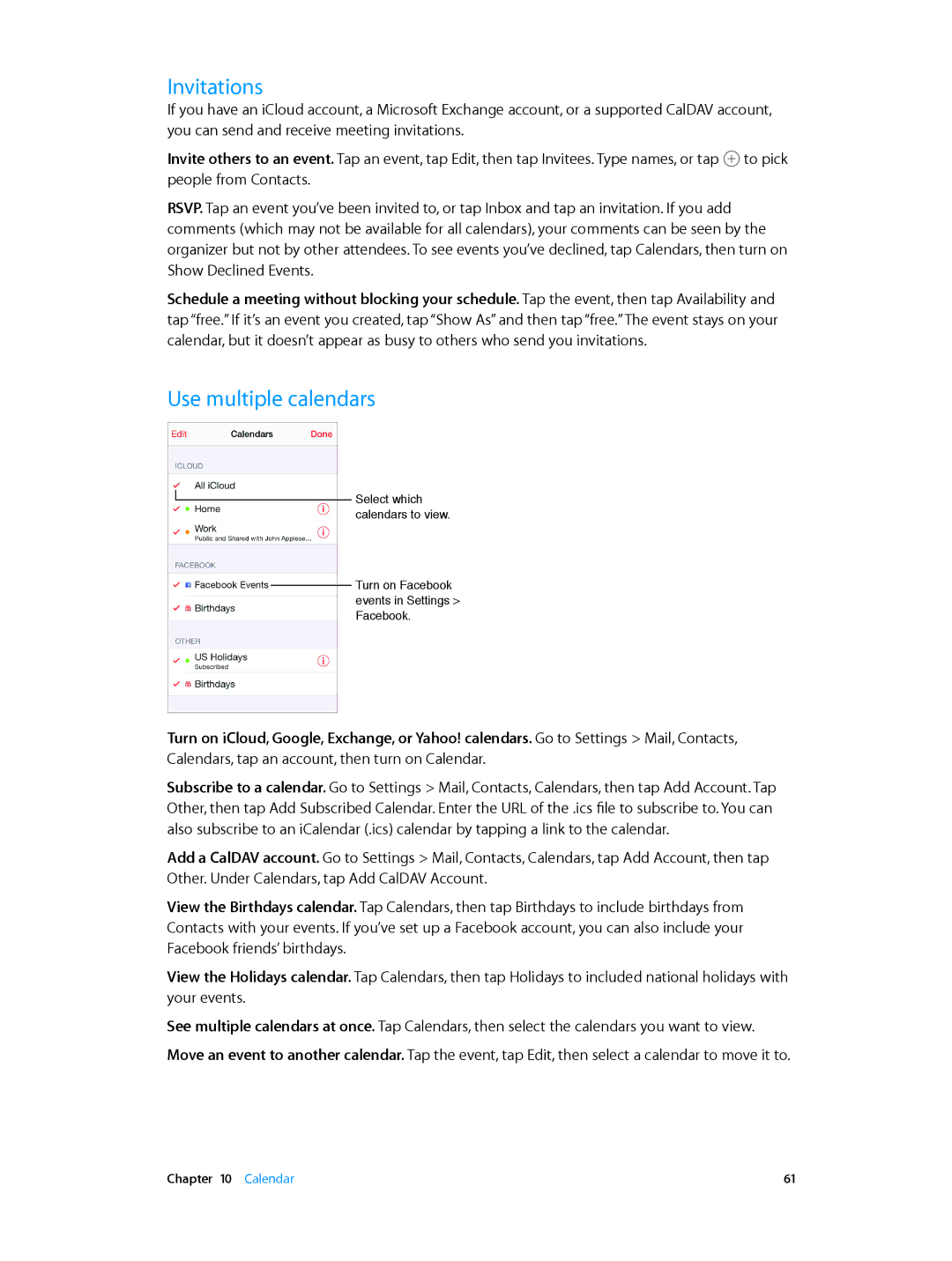 Apple MF066LL/A, MF544LL/A, MF519LL/A, MF116LL/A, MF123LL/A, ME860LL/A, MF074LL/A, ME856LL/A Invitations, Use multiple calendars 