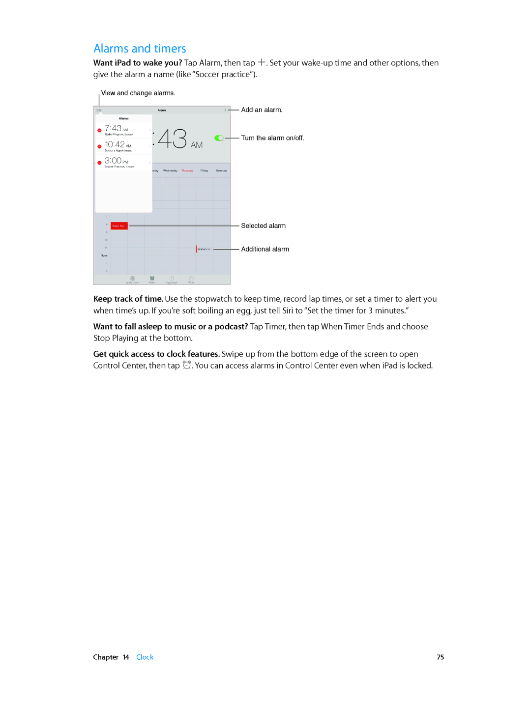 Apple MF123LL/A, MF544LL/A, MF519LL/A, MF116LL/A, ME860LL/A, MF066LL/A, MF074LL/A, ME856LL/A manual Alarms and timers 