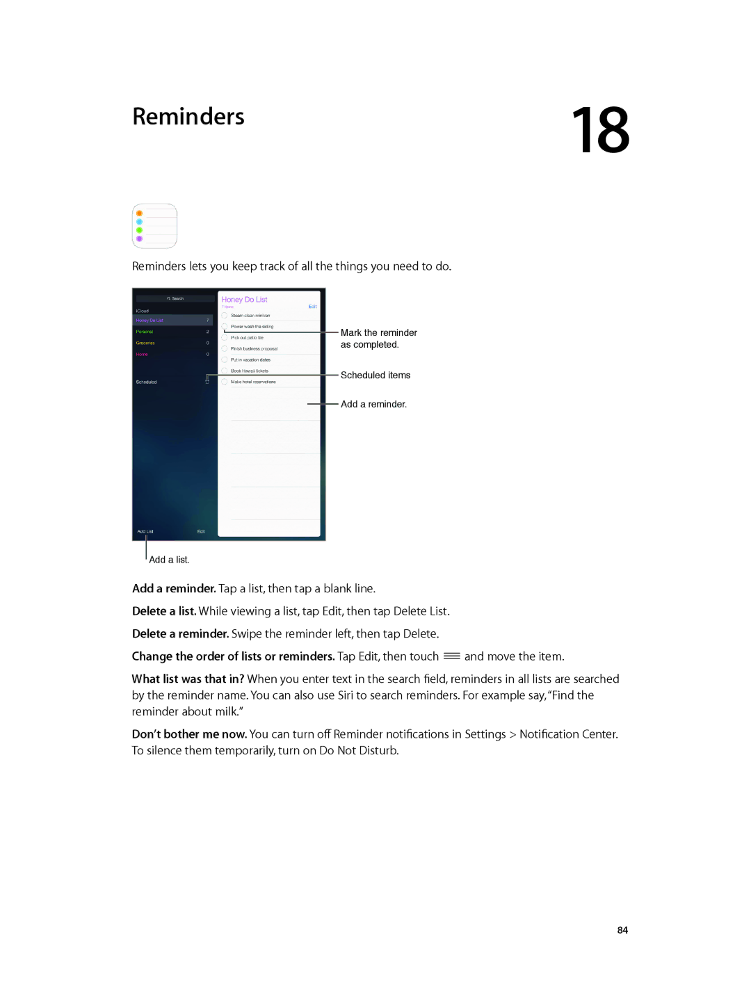 Apple ME860LL/A, MF544LL/A, MF519LL/A, MF116LL/A, MF123LL/A manual Reminders, Add a reminder. Tap a list, then tap a blank line 