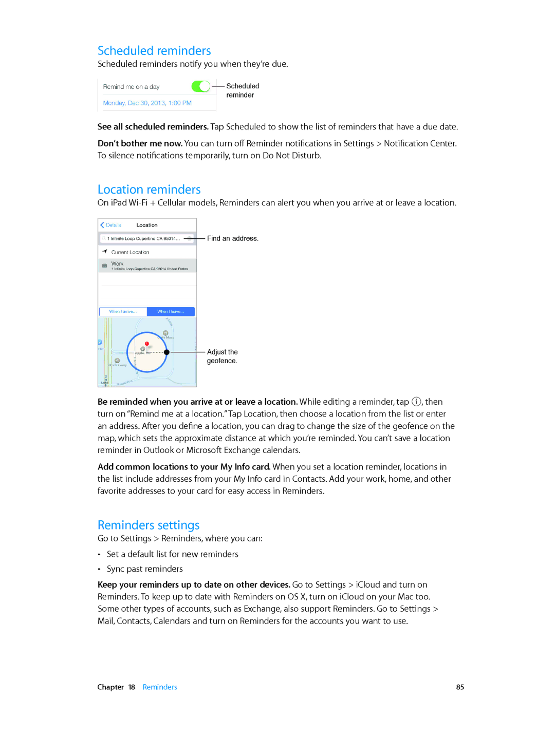 Apple MF066LL/A, MF544LL/A, MF519LL/A, MF116LL/A, MF123LL/A manual Scheduled reminders, Location reminders, Reminders settings 