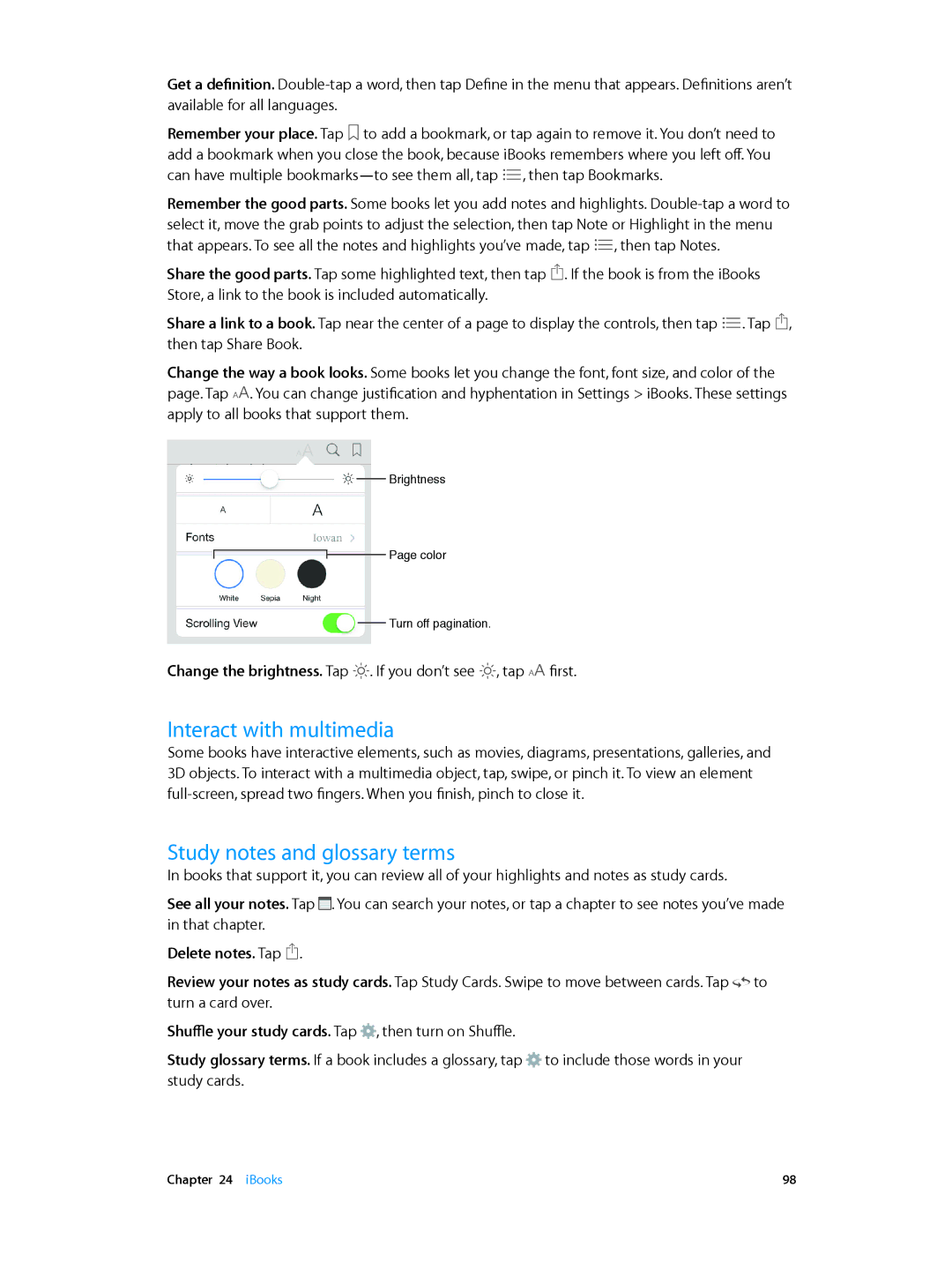 Apple MF116LL/A, MF544LL/A, MF519LL/A, MF123LL/A Interact with multimedia, Study notes and glossary terms, Delete notes. Tap 