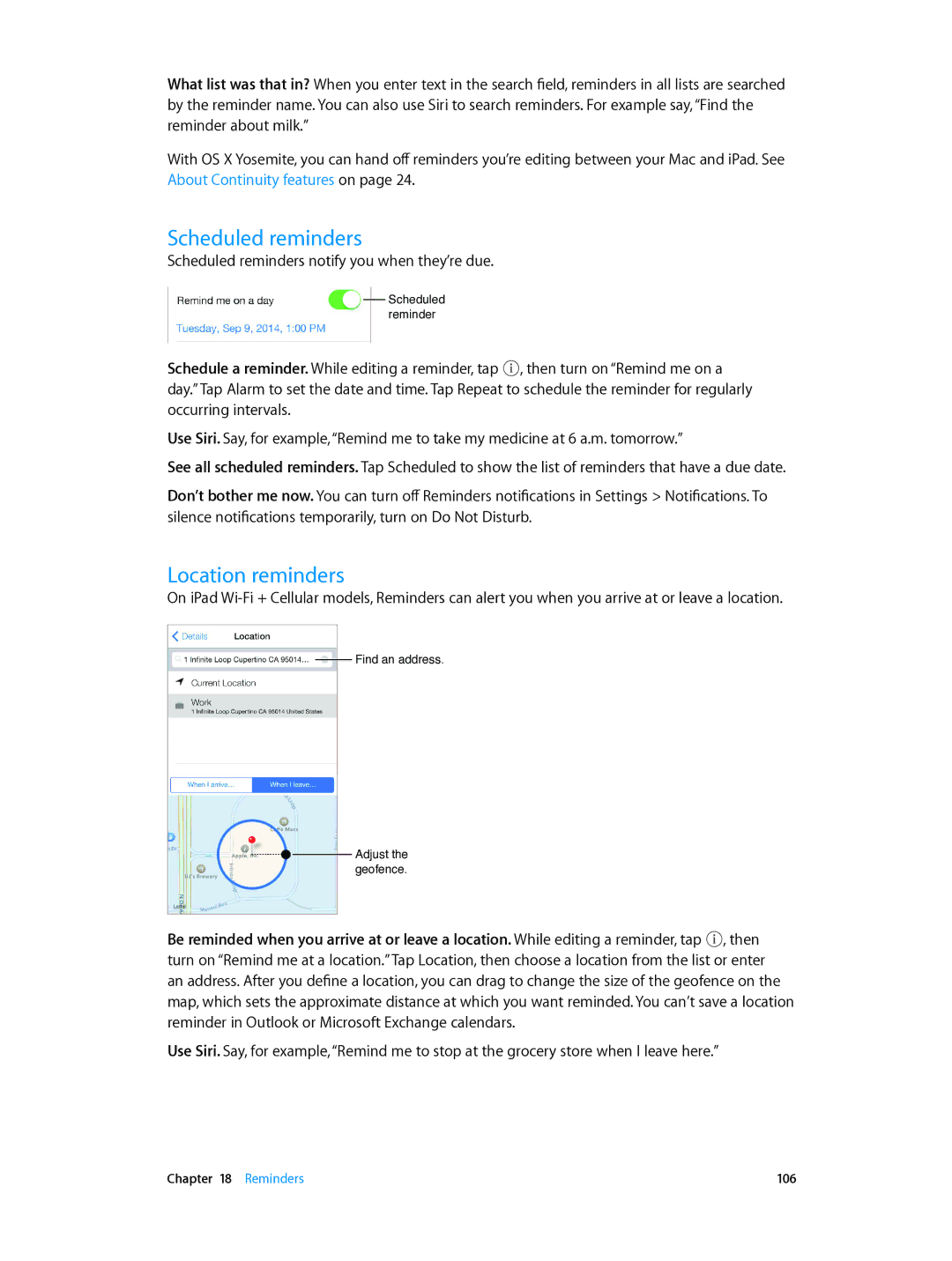 Apple MF003LL/A, MH332LL/A, MH2W2LL/A, MH2V2LL/A, MH322LL/A, ME198LL/A, ME195LL/A manual Scheduled reminders, Location reminders 