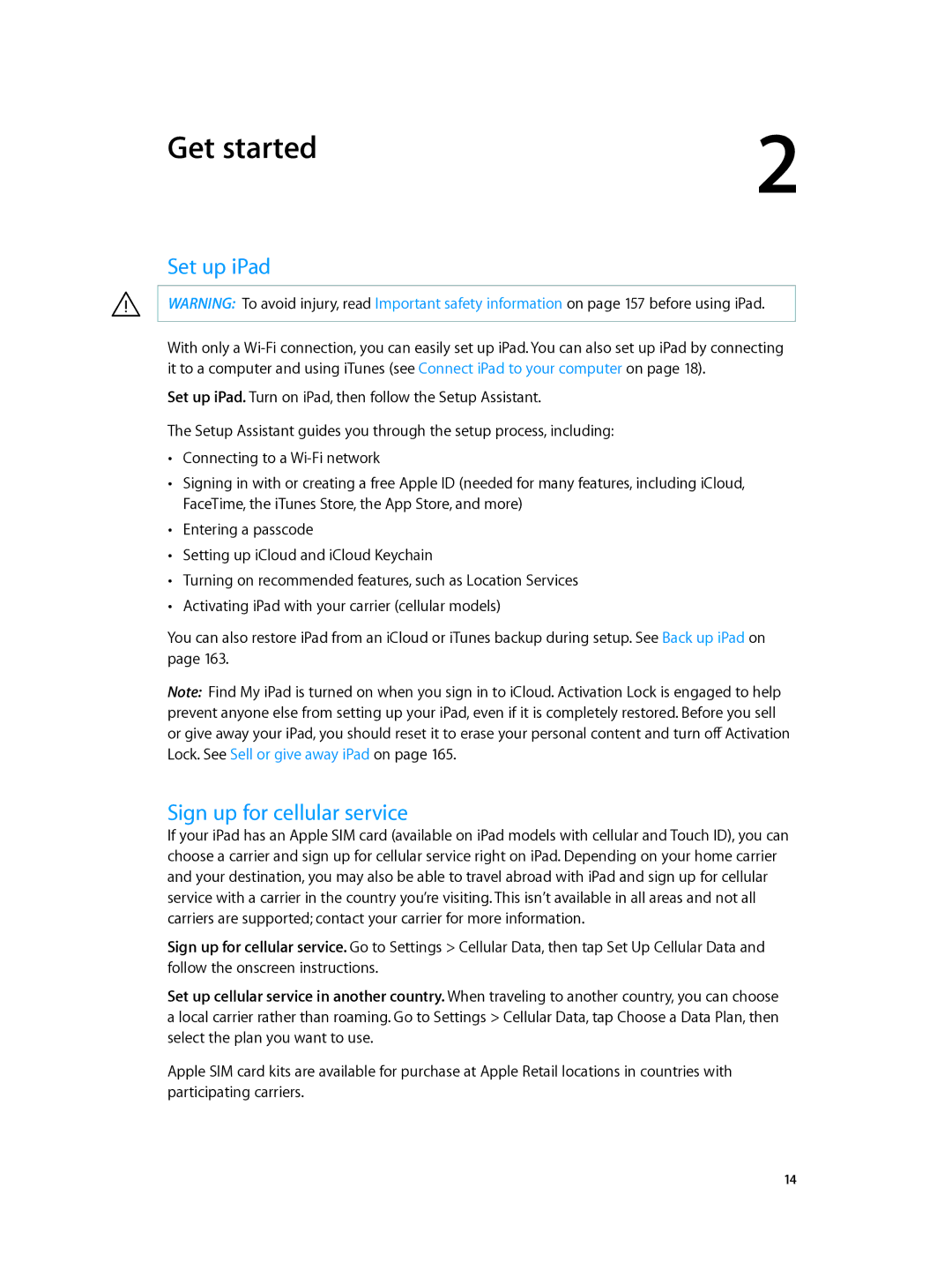 Apple MGKL2LL/A, MH332LL/A, MH2W2LL/A, MH2V2LL/A, MH322LL/A, ME198LL/A Get started, Set up iPad, Sign up for cellular service 