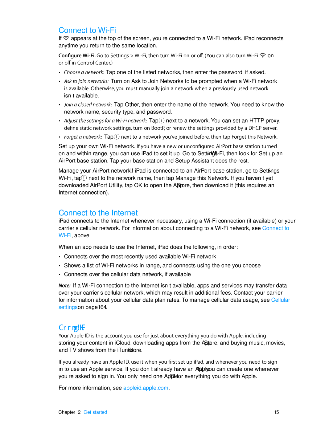 Apple MGKM2LL/A, MH332LL/A, MH2W2LL/A, MH2V2LL/A, MH322LL/A, ME198LL/A Connect to Wi-Fi, Connect to the Internet, Apple ID 