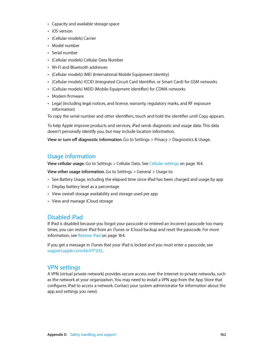 Apple MH332LL/A, MH2W2LL/A, MH2V2LL/A, MH322LL/A, ME198LL/A, ME195LL/A manual Usage information, Disabled iPad, VPN settings 