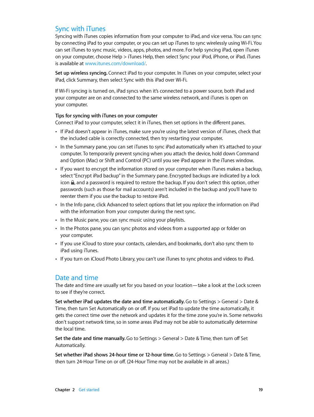 Apple MGTX2LL/A, MH332LL/A, MH2W2LL/A manual Sync with iTunes, Date and time, Tips for syncing with iTunes on your computer 