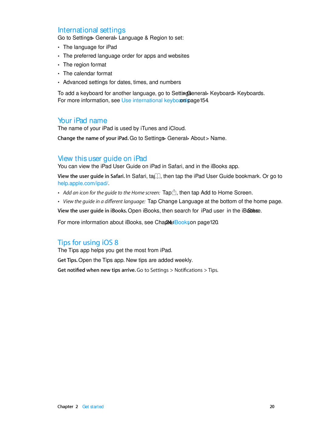 Apple MF496LL/A, MH332LL/A manual International settings, Your iPad name, View this user guide on iPad, Tips for using iOS 