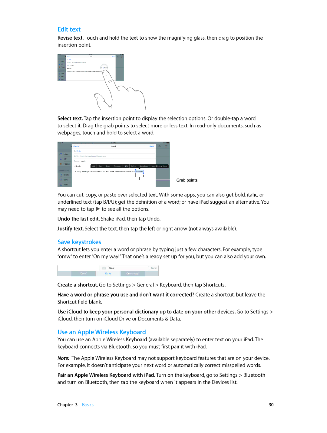 Apple MF083LL/A, MH332LL/A, MH2W2LL/A, MH2V2LL/A, MH322LL/A manual Edit text, Save keystrokes, Use an Apple Wireless Keyboard 