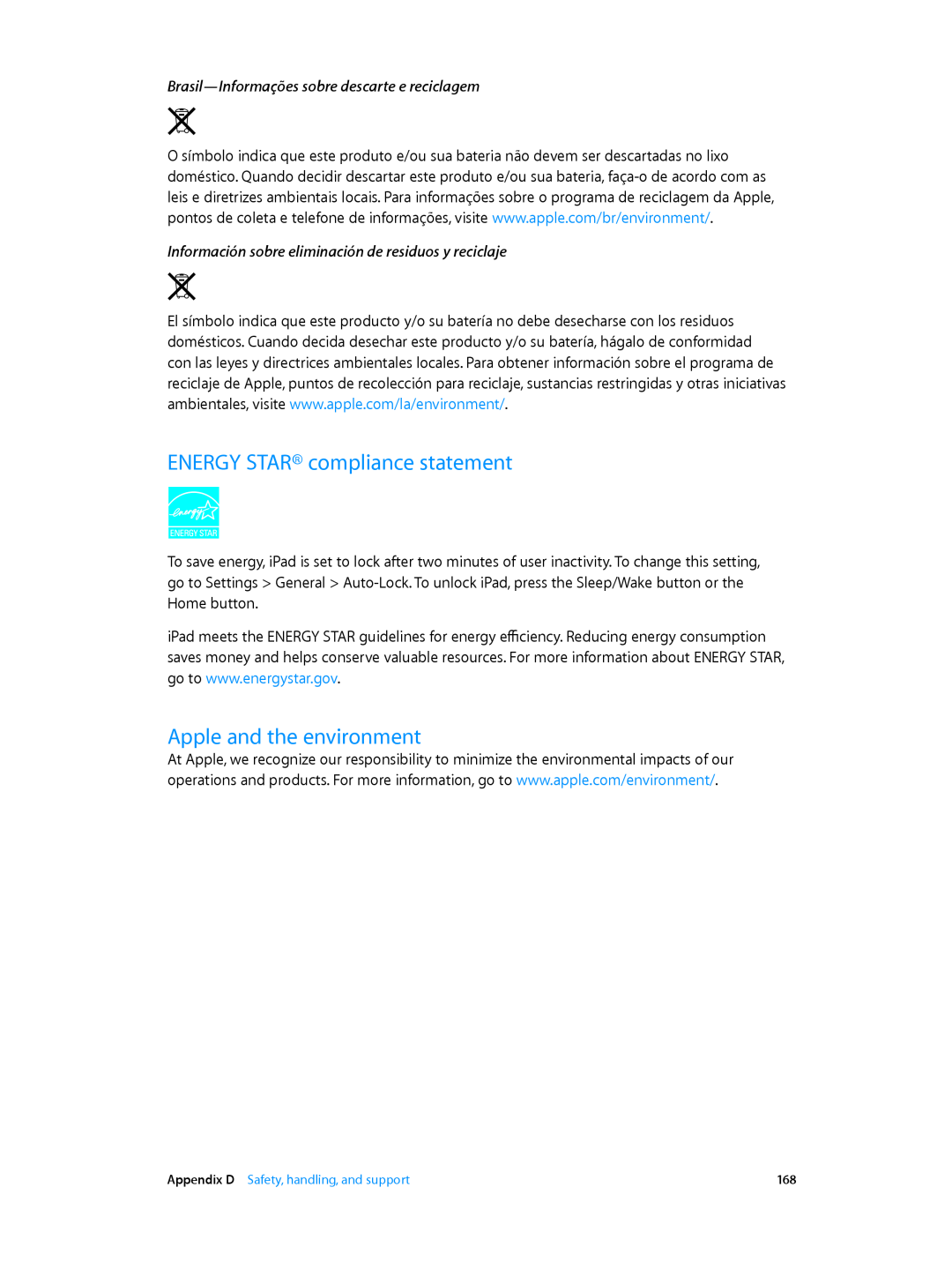 Apple MH312LL/A ENERGY STAR compliance statement, Apple and the environment, Appendix D Safety, handling, and support 