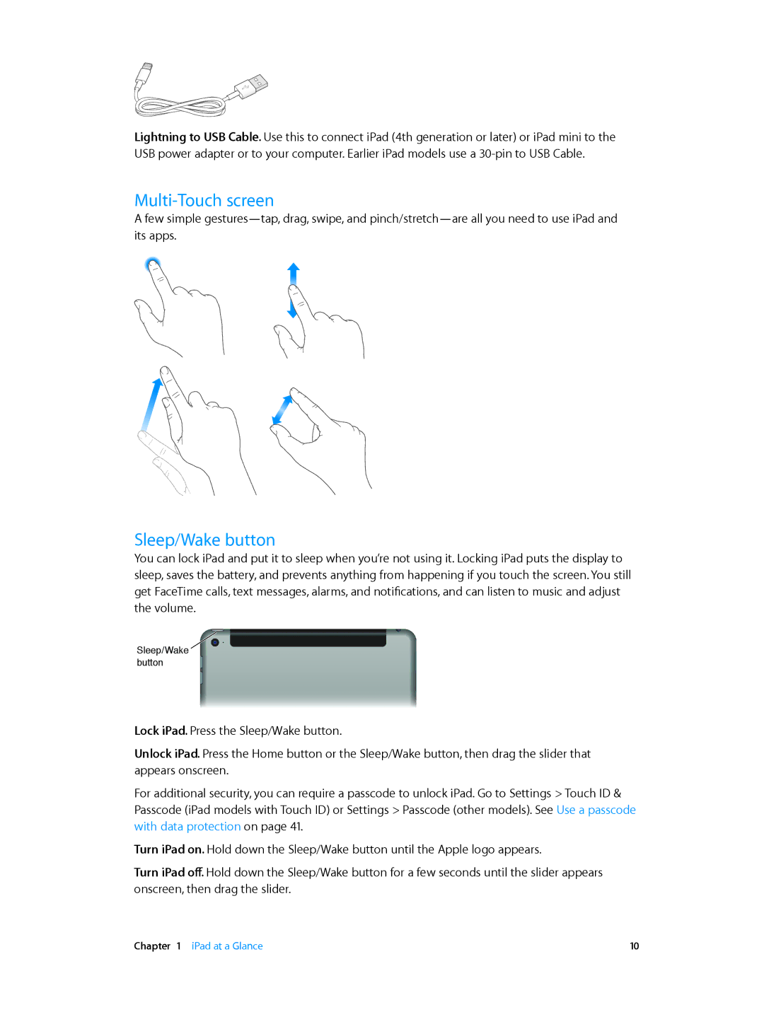 Apple MGNR2LL/A, MH3G2LL/A, MH3M2LL/A, MH3N2LL/A, MH372LL/A, MH3L2LL/A, MH3E2LL/A manual Multi-Touch screen, Sleep/Wake button 