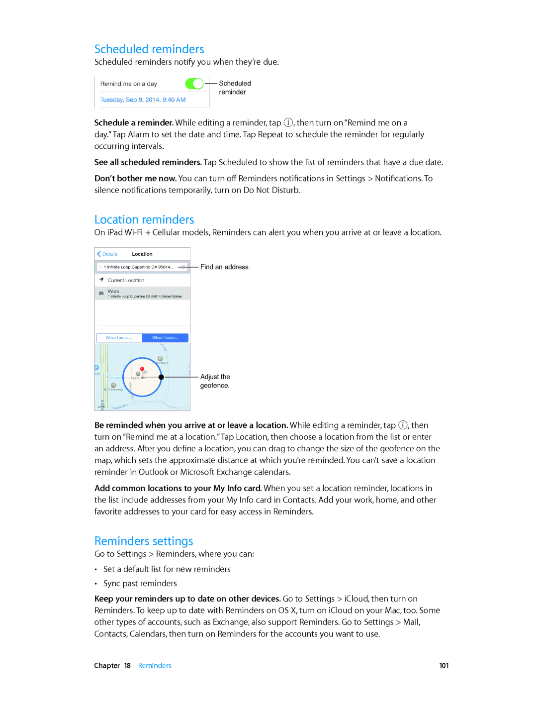 Apple MGP32LL/A, MH3G2LL/A, MH3M2LL/A, MH3N2LL/A, MH372LL/A manual Scheduled reminders, Location reminders, Reminders settings 