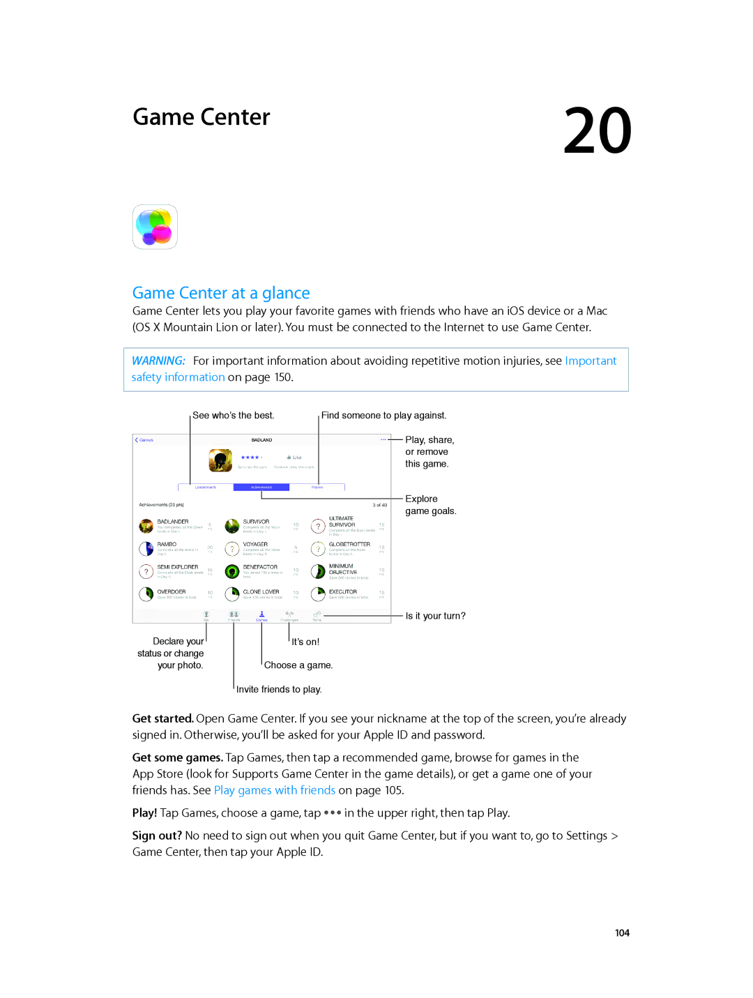 Apple MGYE2LL/A, MH3G2LL/A, MH3M2LL/A, MH3N2LL/A, MH372LL/A, MH3L2LL/A, MH3E2LL/A, MH382LL/A manual Game Center at a glance 