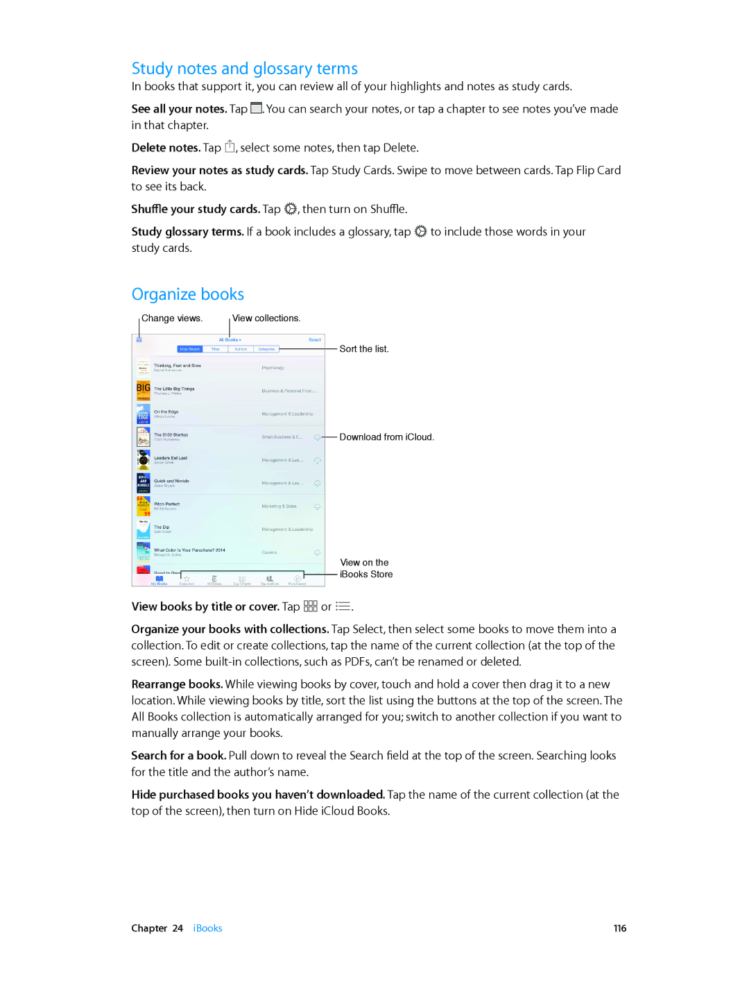 Apple MH3F2LL/A, MH3G2LL/A, MH3M2LL/A Study notes and glossary terms, Organize books, View books by title or cover. Tap or 
