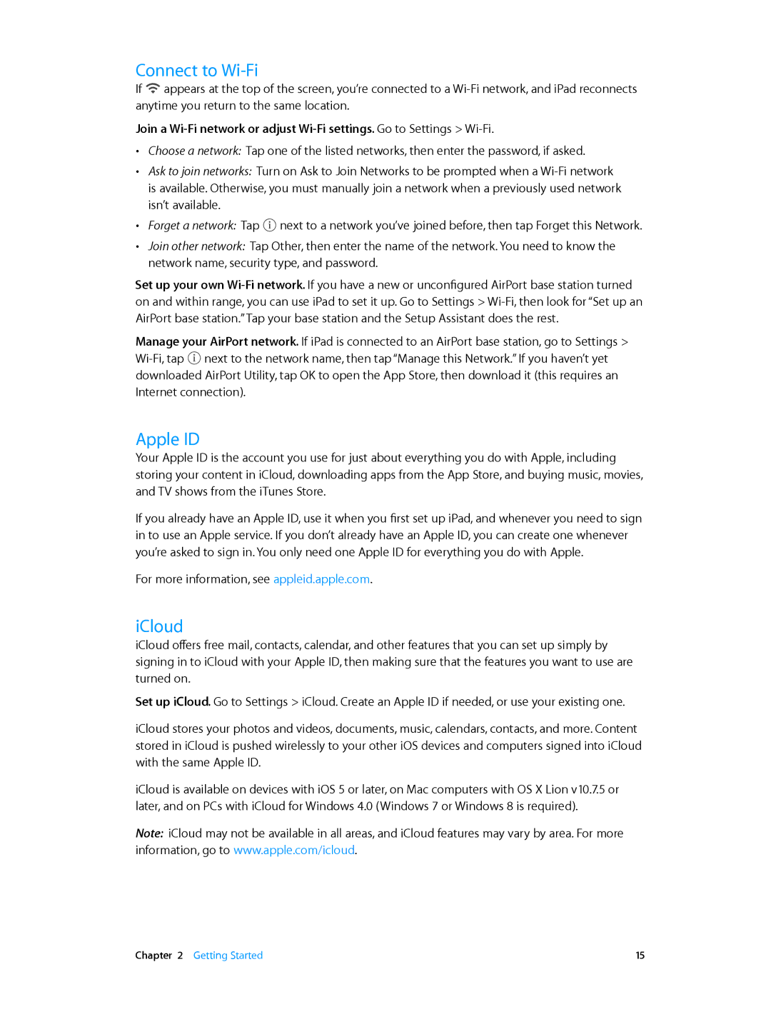 Apple MGP42LL/A, MH3G2LL/A, MH3M2LL/A, MH3N2LL/A, MH372LL/A, MH3L2LL/A, MH3E2LL/A, MH382LL/A Connect to Wi-Fi, Apple ID, ICloud 