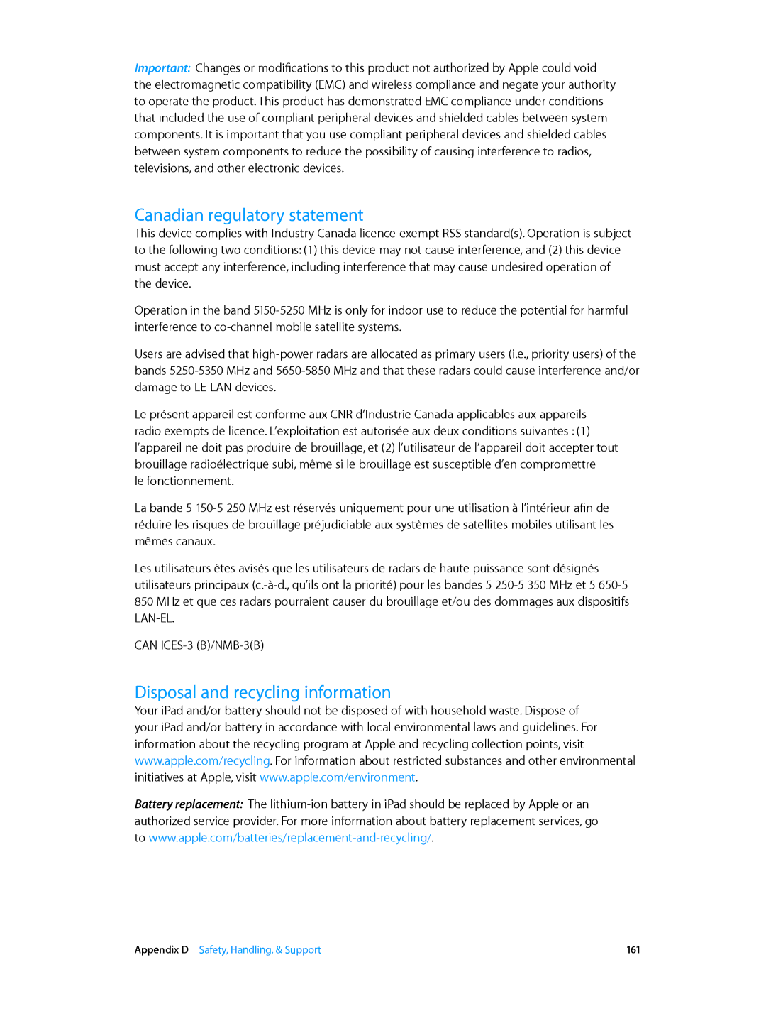 Apple MGNV2LL/A, MH3G2LL/A, MH3M2LL/A, MH3N2LL/A, MH372LL/A Canadian regulatory statement, Disposal and recycling information 