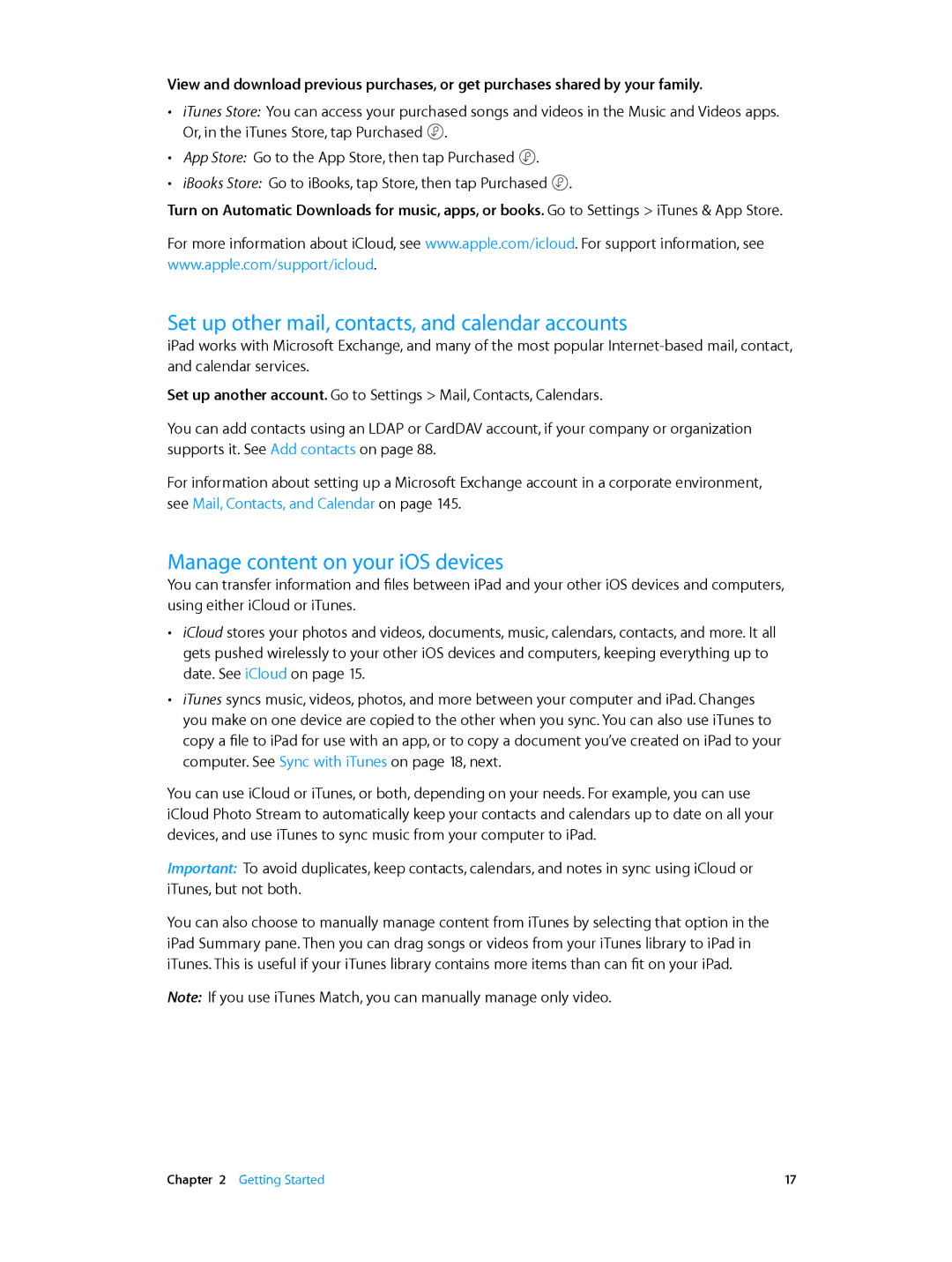 Apple MGNV2LL/A, MH3G2LL/A manual Set up other mail, contacts, and calendar accounts, Manage content on your iOS devices 