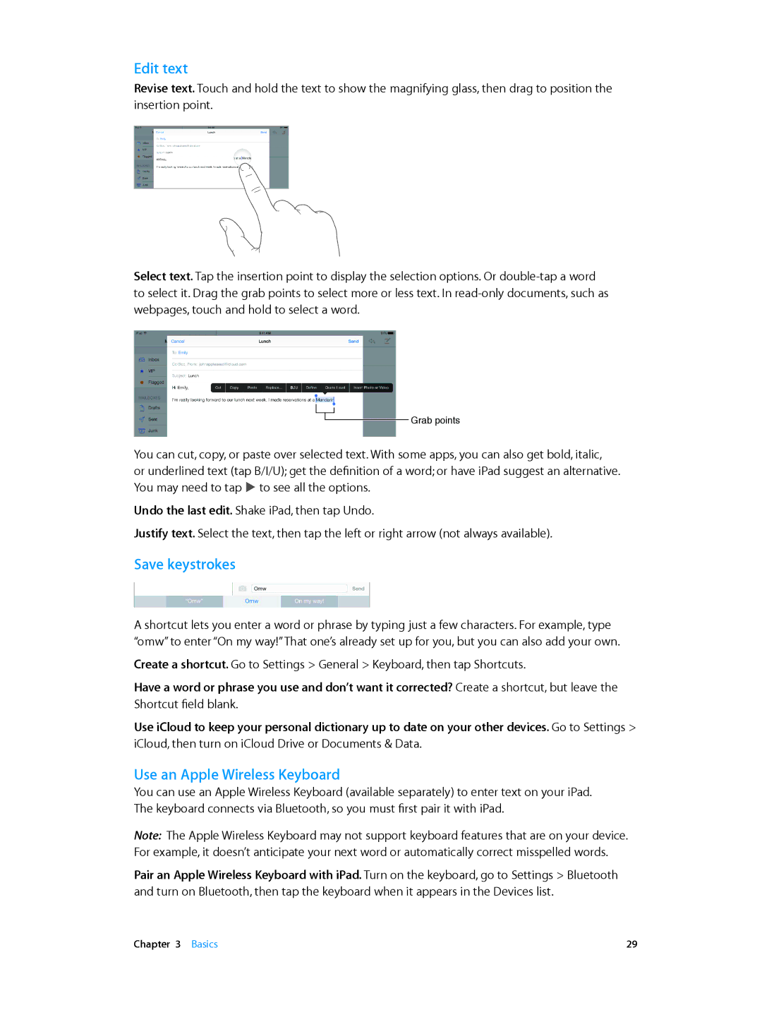 Apple MGP32LL/A, MH3G2LL/A, MH3M2LL/A, MH3N2LL/A, MH372LL/A manual Edit text, Save keystrokes, Use an Apple Wireless Keyboard 