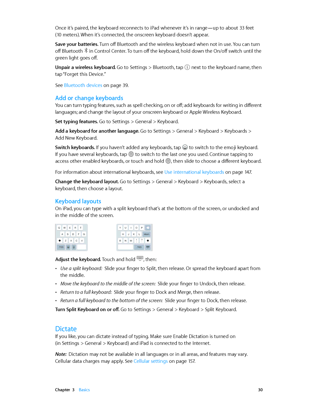 Apple MGGT2LL/A, MH3G2LL/A, MH3M2LL/A, MH3N2LL/A, MH372LL/A, MH3L2LL/A manual Dictate, Add or change keyboards, Keyboard layouts 