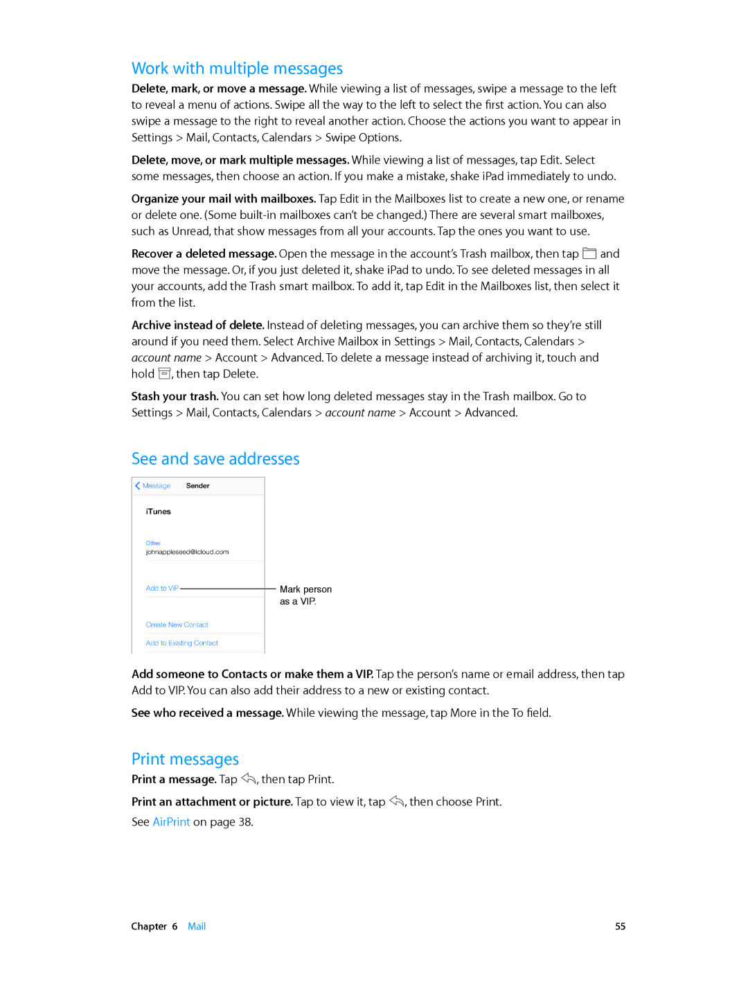 Apple MH3M2LL/A, MH3G2LL/A, MH3N2LL/A, MH372LL/A manual Work with multiple messages, See and save addresses, Print messages 
