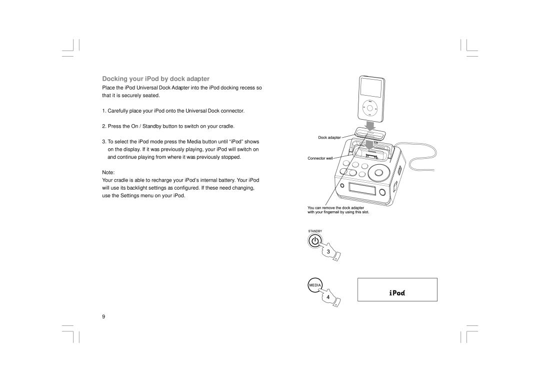 Apple MMC-96IRS manual Docking your iPod by dock adapter 