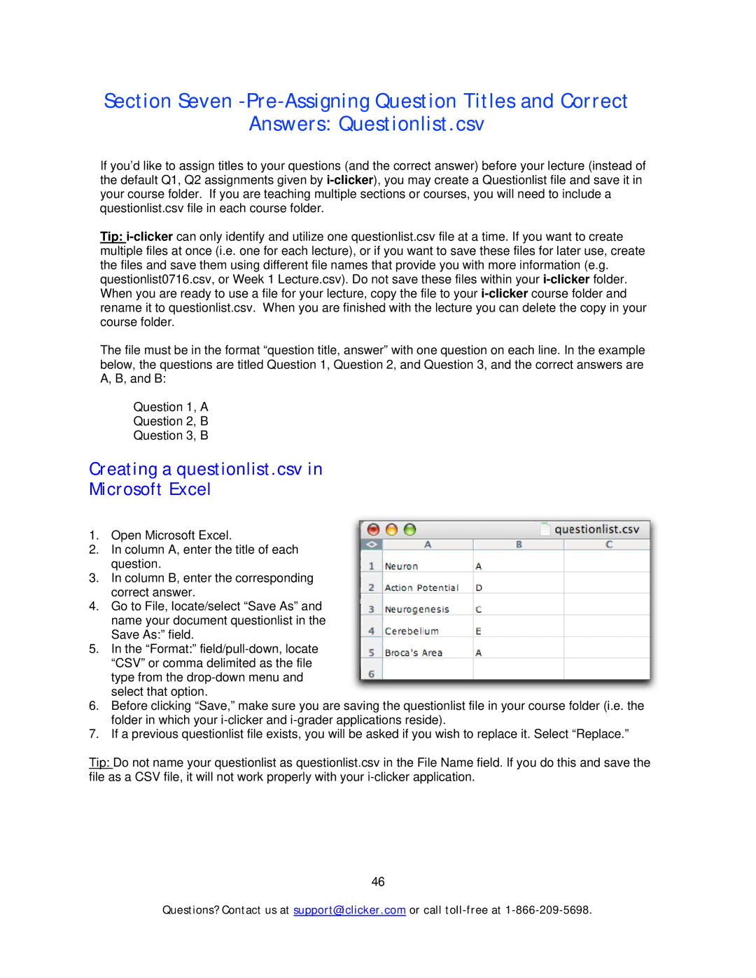 Apple Mouse manual Creating a questionlist.csv Microsoft Excel 