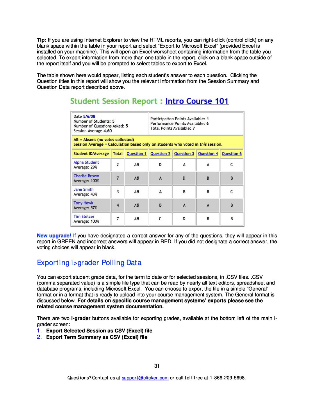 Apple Mouse manual Exporting igrader Polling Data, Export Selected Session as CSV Excel file 