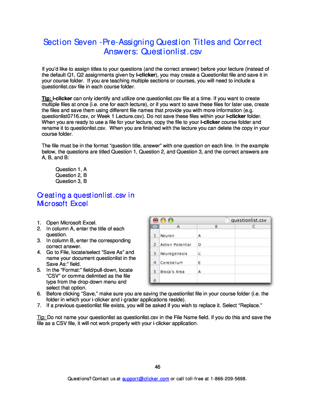 Apple Mouse manual Creating a questionlist.csv in Microsoft Excel, Section Seven -Pre-Assigning Question Titles and Correct 