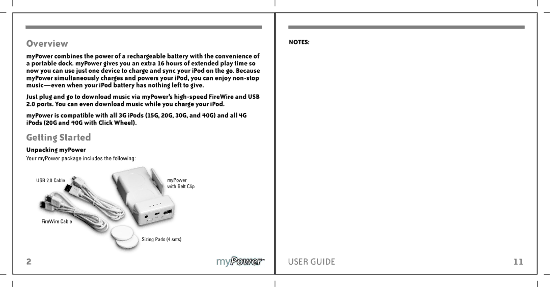 Apple MP1100 manual Overview, Getting Started, Unpacking myPower, USB 2.0 Cable MyPower, FireWire Cable Sizing Pads 4 sets 