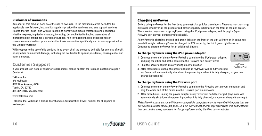 Apple MP1100 Customer Support, Charging myPower, Disclaimer of Warranties, To charge myPower using the iPod power adapter 