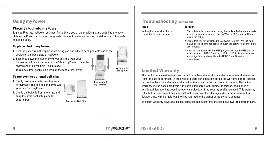 Apple MP1100 manual Using myPower, Troubleshooting, Limited Warranty, Placing iPod into myPower 