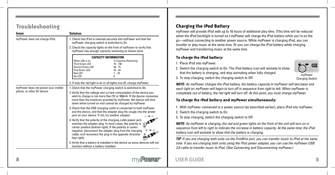 Apple MP1100 manual Charging the iPod Battery, To charge the iPod battery and myPower simultaneously, Issue Solution 