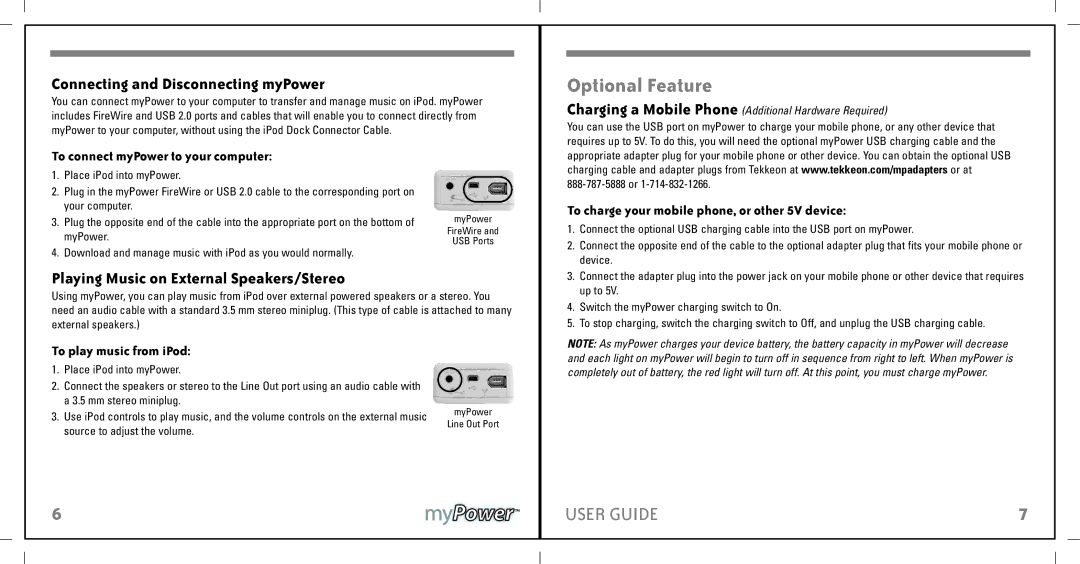 Apple MP1100 manual Optional Feature, Connecting and Disconnecting myPower, Playing Music on External Speakers/Stereo 