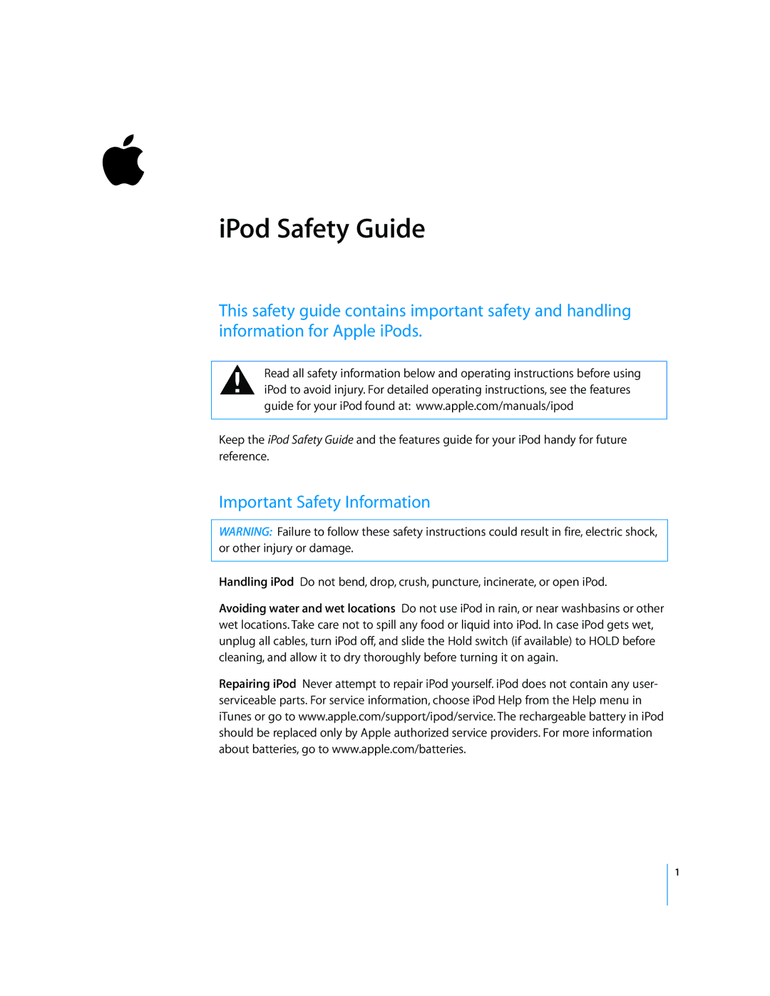 Apple MP3 Player user service IPod Safety Guide, Important Safety Information 