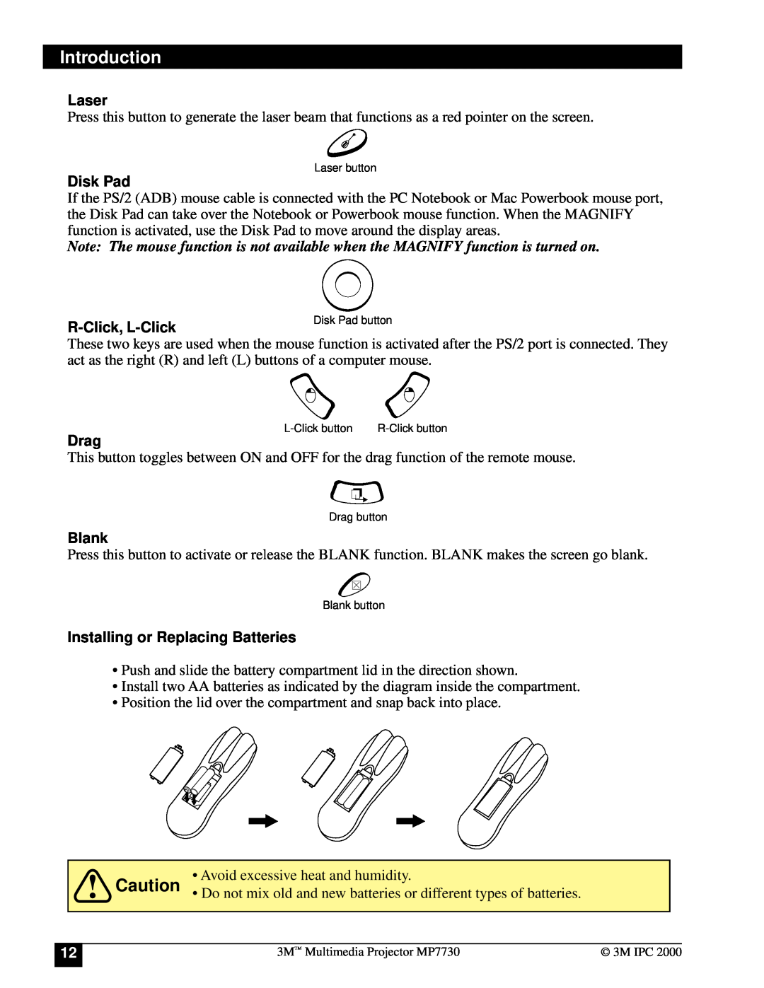 Apple MP7730 manual Laser, Disk Pad, R-Click, L-Click, Drag, Blank, Installing or Replacing Batteries, Introduction 