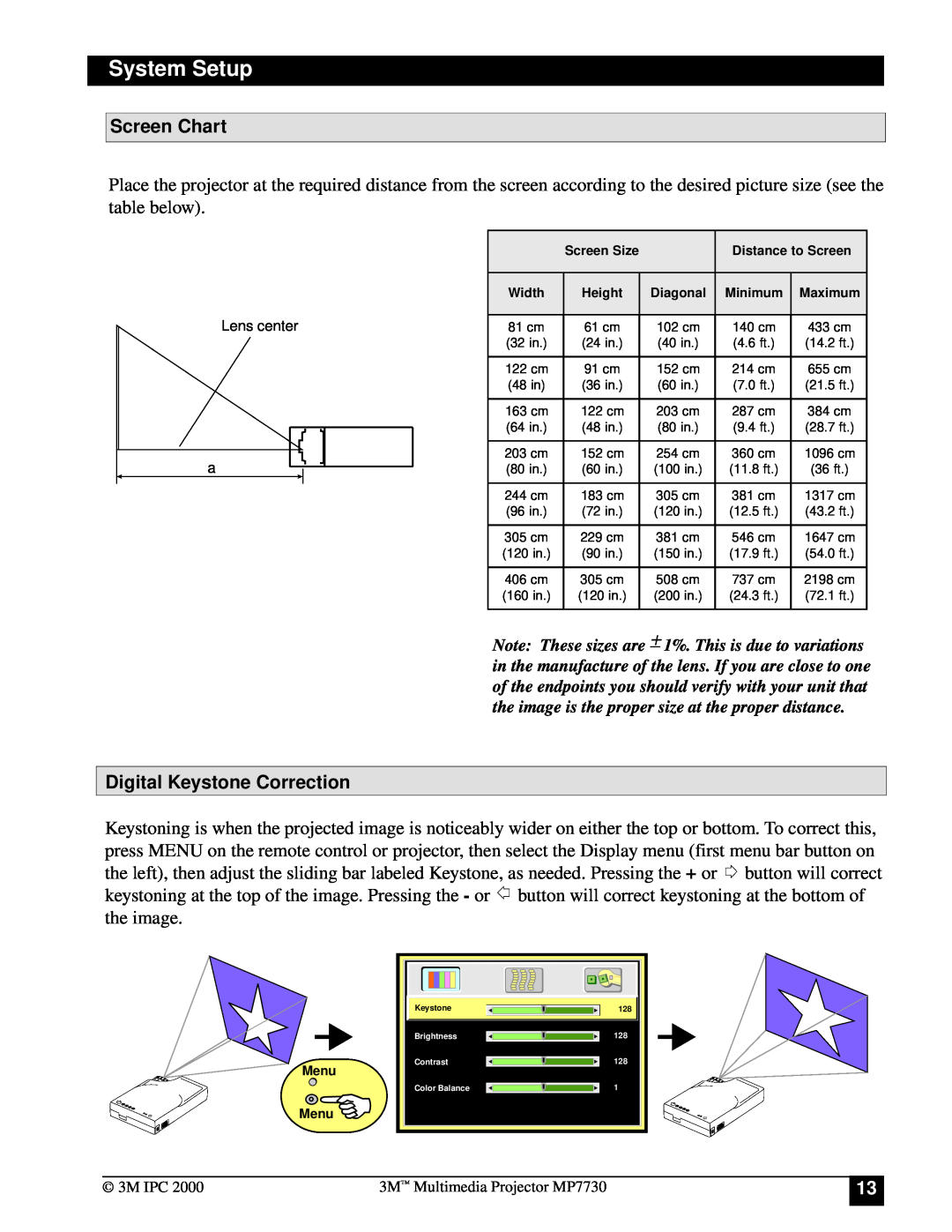 Apple MP7730 manual System Setup, Screen Chart, Digital Keystone Correction 