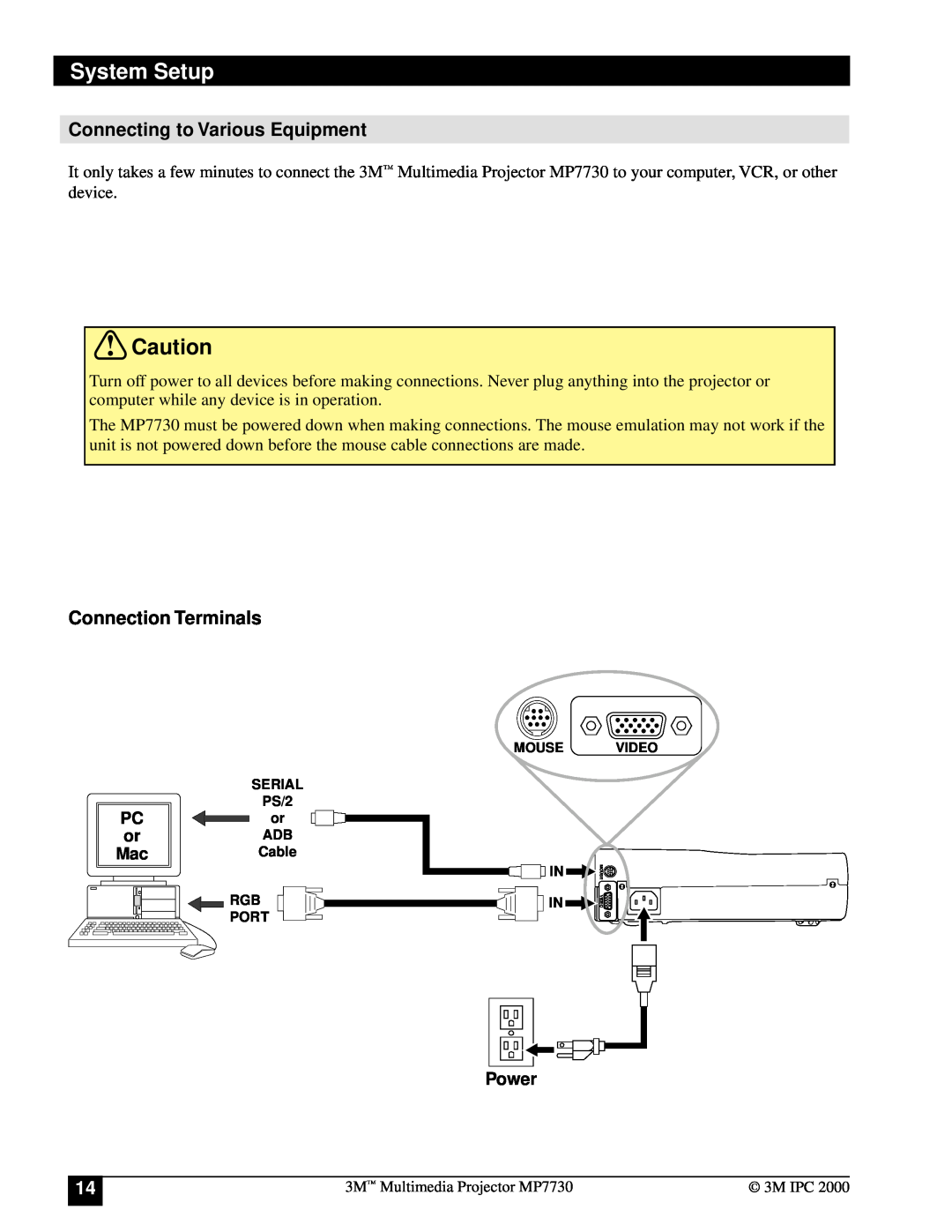 Apple MP7730 manual Connecting to Various Equipment, Connection Terminals, System Setup, Power 