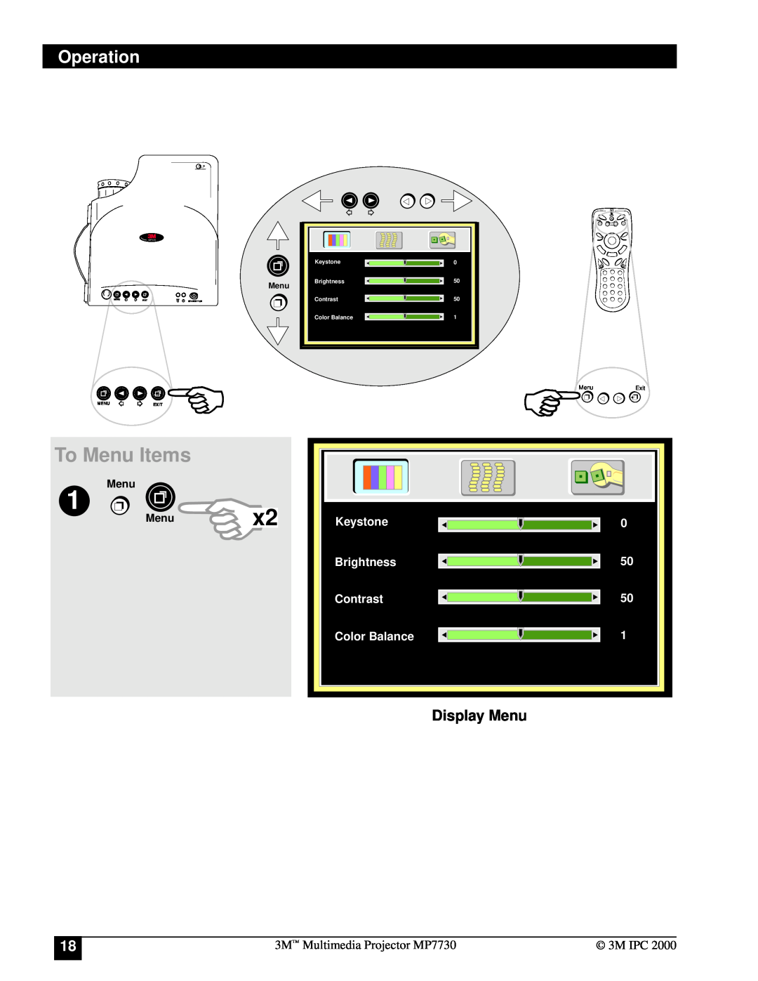 Apple MP7730 manual Display Menu, To Menu Items, Operation, Keystone, Brightness, Contrast, Color Balance, Exit, MP7630 